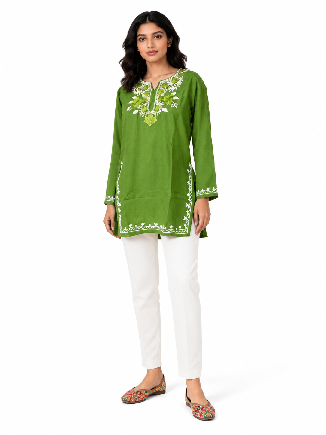 Noor : Aari embroidery summer kurti | Bottle Green